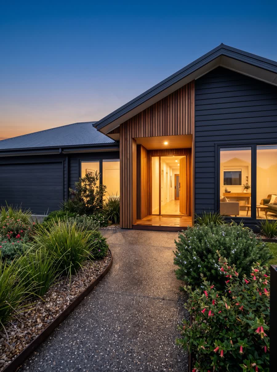 Modern dark-clad home facade with warm entry light at dusk