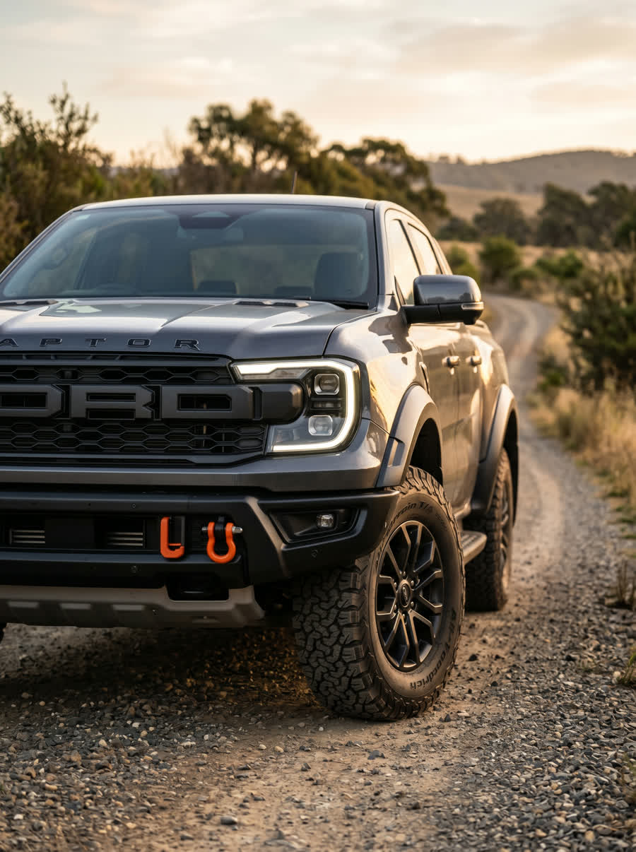 Grey Ford Ranger Raptor on a gravel road at sunrise